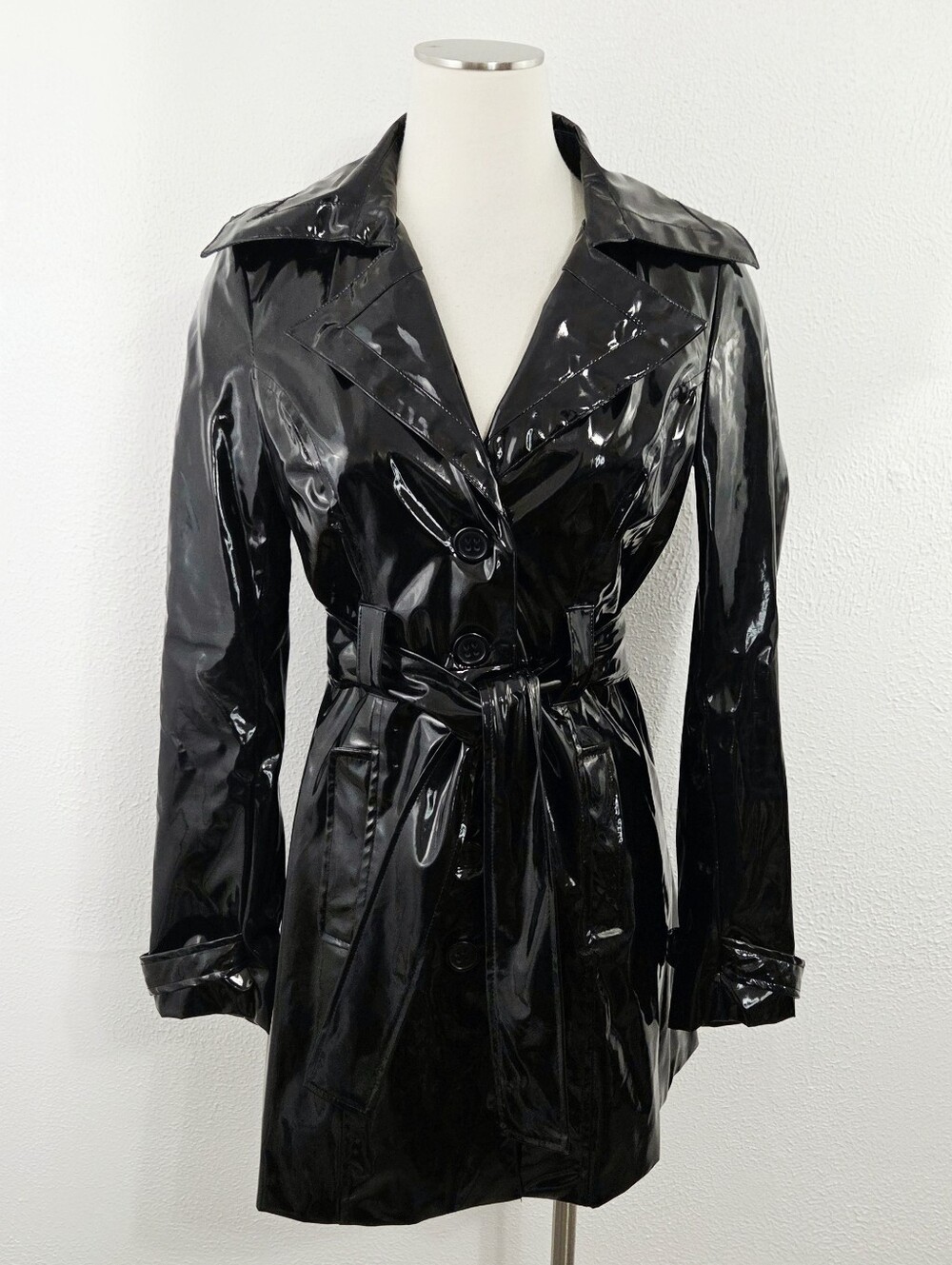 Vintage 90s Wet Seal black vinyl trench voat jacket shiny patent women's small S